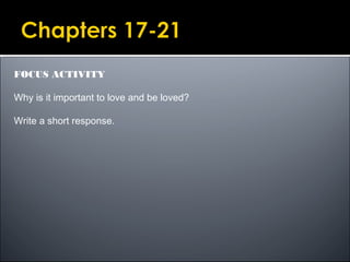 FOCUS ACTIVITY
Why is it important to love and be loved?
Write a short response.
 