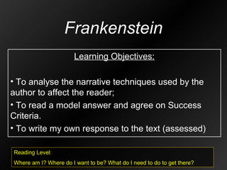 Frankenstein
                       Learning Objectives:

• To analyse the narrative techniques used by the
author to affect the reader;
• To read a model answer and agree on Success
Criteria.
• To write my own response to the text (assessed)

Reading Level:
Where am I? Where do I want to be? What do I need to do to get there?
 