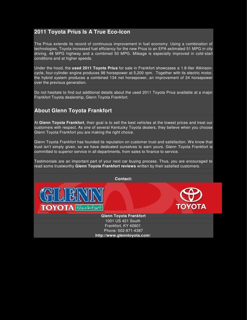 Frankfort Toyota Dealership Showcases The Used 2011 Toyota Prius