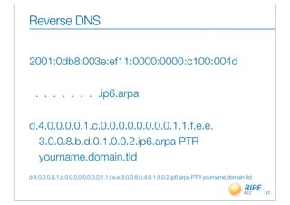 Reverse DNS


2001 db8
2001:0db8:003e:ef11:0000:0000 :c100: 004d

  . . . . . . . .ip6.arpa

d.4.0.0.0.0.1.c.0.0.0.0.0.0.0.0.1.1.f.e.e.
  3.0.0.8.b.d.0.1.0.0.2.ip6.arpa PTR
  yourname.domain.tld
d.4.0.0.0.0.1.c.0.0.0.0.0.0.0.0.1.1.f.e.e.3.0.0.8.b.d.0.1.0.0.2.ip6.arpa PTR yourname.domain.tld

                                                                                                   47
 