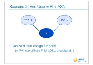 Scenario 2: End User = PI + ASN


                ISP 1                         ISP 2




                                  x



•   Can NOT sub-assign further!!!
     -   (in IPv4 can still use PI for xDSL, broadband...)


                                                             61
 
