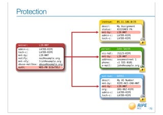 Protection
                                     inetnum:   85.11.186.0/25
                                     descr:     My Assignment
                                     status:    ASSIGNED PA
                                     mnt-by:    LIR-MNT
                                     admin-c:   LA789-RIPE
                                     tech-c:    LA789-RIPE

mntner:          LIR-MNT
admin-c:         LA789-RIPE          person:    John Smith
tech-c:          LA789-RIPE
                                     nic-hdl:   JS123-RIPE
mnt-by:          LIR-MNT
                                     mnt-by:    LIR-MNT
notify:          noc@example.org
                                     address:   sesamestreet 1
mnt-nfy:         list@example.org
                                     phone:     +1 555 0101
abuse-mailbox:   abuse@example.org
                                     e-mail:    john@example.org
auth:            MD5-PW $1$xT9SJ


                                     aut-num:   64551
                                     descr:     My AS Number
                                     mnt-by:    RIPE-NCC-END-MNT
                                     mnt-by:    LIR-MNT
                                     org:       ORG-BB2-RIPE
                                     admin-c:   LA789-RIPE
                                     tech-c:    LA789-RIPE




                                                                   70
 