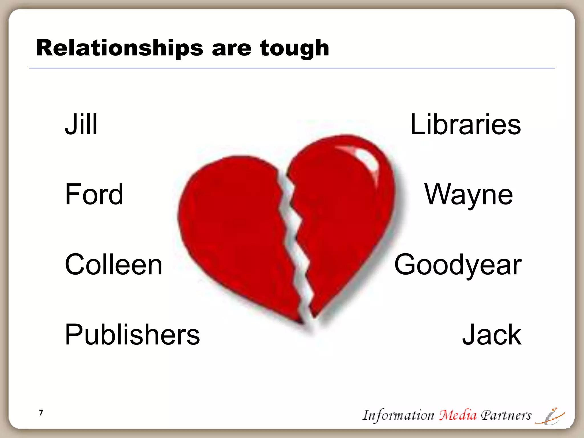 7
Relationships are tough
Jill
Ford
Colleen
Publishers
Libraries
Wayne
Goodyear
Jack
 
