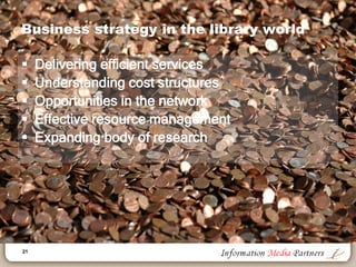 21
Business strategy in the library world
 Delivering efficient services
 Understanding cost structures
 Opportunities in the network
 Effective resource management
 Expanding body of research
 