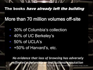 The books have already left the building
24
More than 70 million volumes off-site
 30% of Columbia’s collection
 40% of UC Berkeley’s
 50% of UCLA’s
 +50% of Harvard’s, etc.
No evidence that loss of browsing has adversely
affected scholarship or institutional reputation
Source: Malpas – RLG Partnership Symposium: “When the Books Leave the Building” Chicago, June 2010
 