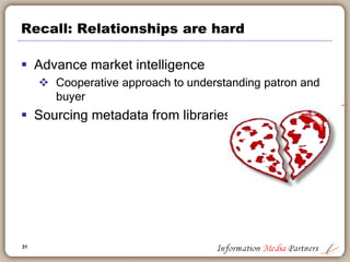 31
Recall: Relationships are hard
 Advance market intelligence
 Cooperative approach to understanding patron and
buyer
 Sourcing metadata from libraries
 