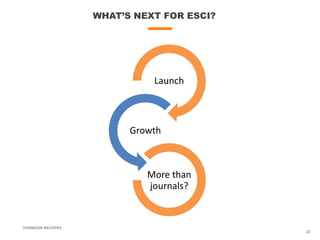 WHAT’S NEXT FOR ESCI?
22
Launch
Growth
More than
journals?
 