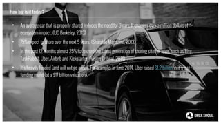 How big is it today?
• An average car that is properly shared reduces the need for 9 cars. It changes over a million dollars of
ecosystem impact. (UC Berkeley, 2013)
• 75% expect to share over the next 5 years. (Sharable Magazine, 2013)
• In the past 12 months almost 25% have used the latest generation of sharing sites or apps, such as Etsy,
TaskRabbit, Uber, Airbnb and Kickstarter. (Vision Critical, 2014)
• It’s heavily funded (and will not go away). For example: In June 2014, Uber raised $1.2 billion in it’s last
funding round (at a $17 billion valuation).
 