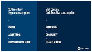 21stcentury
Collaborativeconsumption
!
=
!
REPUTATION
+
COMMUNITY
+
SHAREDACCESS
20thcentury
Hyperconsumption
!
=
!
CREDIT
+
ADVERTISING
+
INDIVIDUALOWNERSHIP
 
