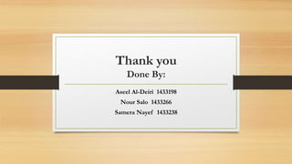 Thank you
Done By:
Aseel Al-Deiri 1433198
Nour Salo 1433266
Samera Nayef 1433238
 