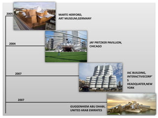 2007
2007
2004
2005
JAY PRITZKER PAVILLION,
CHICAGO
MARTE HERFORD,
ART MUSEUM,GERMANY
GUGGENHIEM ABU DHABI,
UNITED ARAB EMIRATES
IAC BUILDING,
INTERACTIVECORP’
S
HEADQUATER,NEW
YORK
 