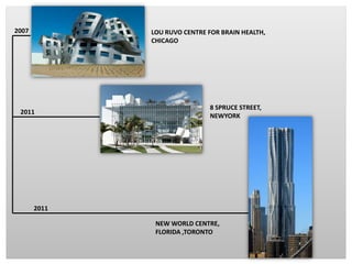 2011
2011
2007 LOU RUVO CENTRE FOR BRAIN HEALTH,
CHICAGO
8 SPRUCE STREET,
NEWYORK
NEW WORLD CENTRE,
FLORIDA ,TORONTO
 