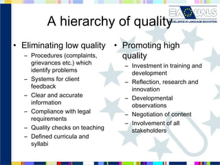 A hierarchy of quality
• Eliminating low quality • Promoting high
– Procedures (complaints,
quality
–
–
–
–
–

grievances etc.) which
identify problems
Systems for client
feedback
Clear and accurate
information
Compliance with legal
requirements
Quality checks on teaching
Defined curricula and
syllabi

– Investment in training and
development
– Reflection, research and
innovation
– Developmental
observations
– Negotiation of content
– Involvement of all
stakeholders

 