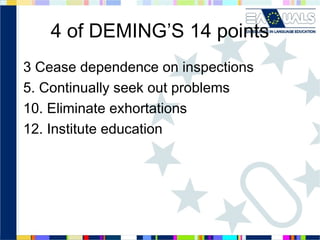 4 of DEMING’S 14 points
3 Cease dependence on inspections
5. Continually seek out problems
10. Eliminate exhortations
12. Institute education

 