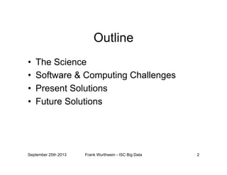 Outline
•  The Science
•  Software & Computing Challenges
•  Present Solutions
•  Future Solutions
September 25th 2013 Frank Wurthwein - ISC Big Data 2
 