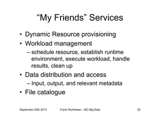 “My Friends” Services
•  Dynamic Resource provisioning
•  Workload management
– schedule resource, establish runtime
environment, execute workload, handle
results, clean up
•  Data distribution and access
– Input, output, and relevant metadata
•  File catalogue
September 25th 2013 Frank Wurthwein - ISC Big Data 22
 