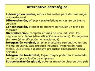 Alternativa estratégica
Liderazgo en costos, reducir los costos para dar una mejor
respuesta local
Diferenciación, ofrecer características únicas en un bien o
servicio
Concentración, atender de manera particular un nicho de
mercado
Diversificación, competir en más de una industria. En
negocios vinculados (diversificación relacionada). En negocios
sin nexo (diversificación no relacionada)
Integración vertical, ampliar el alcance competitivo en una
misma industria. Que produce insumos (integración hacia
atrás). Que utiliza o distribuye productos (integración hacia
delante)
Integración horizontal, lograr mayor poder en el mercado
con la compra o fusión de empresas
Subcontratación global, obtener mano de obra en otro país
 