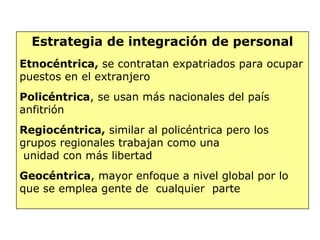 Estrategia de integración de personal
Etnocéntrica, se contratan expatriados para ocupar
puestos en el extranjero
Policéntrica, se usan más nacionales del país
anfitrión
Regiocéntrica, similar al policéntrica pero los
grupos regionales trabajan como una
unidad con más libertad
Geocéntrica, mayor enfoque a nivel global por lo
que se emplea gente de cualquier parte
 