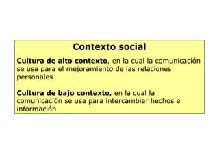 Contexto social
Cultura de alto contexto, en la cual la comunicación
se usa para el mejoramiento de las relaciones
personales
Cultura de bajo contexto, en la cual la
comunicación se usa para intercambiar hechos e
información
 