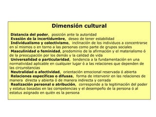 Dimensión cultural
Distancia del poder, posición ante la autoridad
Evasión de la incertidumbre, deseo de tener estabilidad
Individualismo y colectivismo, inclinación de los individuos a concentrarse
en sí mismos o en torno a las personas como parte de grupos sociales
Masculinidad o feminidad, predominio de la afirmación y el materialismo ó
de la preocupación por los demás y la calidad de vida
Universalidad o particularidad, tendencia a la fundamentación en una
normatividad aplicable en cualquier lugar ó a las relaciones que dependen de
las circunstancias
Neutralidad o afectividad, orientación emocional reservada ó abierta
Relaciones específicas o difusas, forma de intervenir en las relaciones de
manera directa y abierta ó de manera indirecta y cerrada
Realización personal o atribución, corresponde a la legitimación del poder
y estatus basadas en las competencias y el desempeño de la persona ó al
estatus asignado en quién es la persona
 
