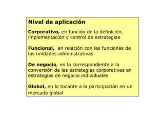 Nivel de aplicación
Corporativo, en función de la definición,
implementación y control de estrategias
Funcional, en relación con las funciones de
las unidades administrativas
De negocio, en lo correspondiente a la
conversión de las estrategias corporativas en
estrategias de negocio individuales
Global, en lo tocante a la participación en un
mercado global  
 
