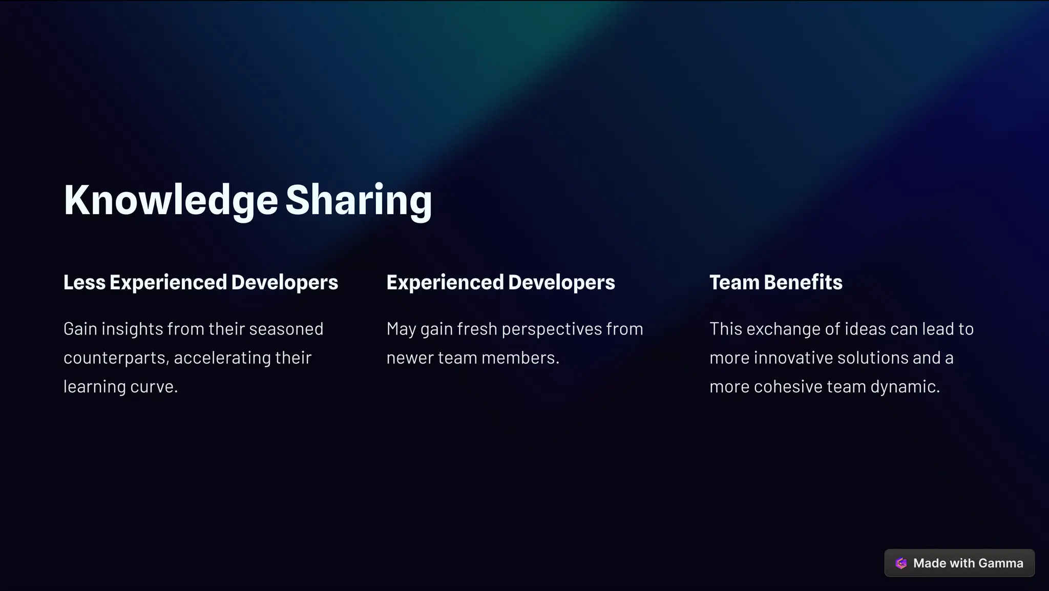 Knowledge Sharing
Less Experienced Developers
Gain insights from their seasoned
counterparts, accelerating their
learning curve.
Experienced Developers
May gain fresh perspectives from
newer team members.
Team Benefits
This exchange of ideas can lead to
more innovative solutions and a
more cohesive team dynamic.
 