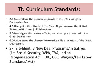 TN Curriculum Standards:
• 2.0-Understand the economic climate in the U.S. during the
Depression Era.
• 4.0-Recognize the effects of the Great Depression on the United
States political and judicial system.
• 5.0-Investigate the causes, effects, and attempts to deal with the
Great Depression.
• 6.0-Understand the changes in American life as a result of the Great
Depression.
• SPI 8.6-Identify New Deal Programs/Initiatives
(i.e. Social Security, WPA, TVA, Indian
Reorganization Act, FDIC, CCC, Wagner/Fair Labor
Standards’ Act)
 