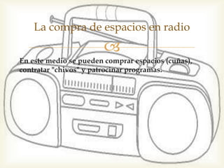 En este medio se pueden comprar espacios (cuñas),
contratar "chivos" y patrocinar programas.
La compra de espacios en radio
 