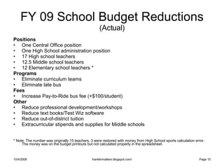 FY 09 School Budget Reductions  (Actual) <ul><li>Positions </li></ul><ul><li>One Central Office position </li></ul><ul><li...