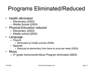 Programs Eliminated/Reduced <ul><li>Health eliminated </li></ul><ul><ul><li>Elementary (2003) </li></ul></ul><ul><ul><li>M...
