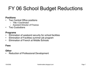 FY 06 School Budget Reductions <ul><li>Positions </li></ul><ul><li>Two Central Office positions </li></ul><ul><ul><li>Titl...
