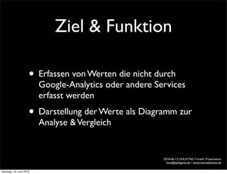 Ziel & Funktion

                     • Erfassen von Werten die nicht durch
                         Google-Analytics oder andere Services
                         erfasst werden
                     • Darstellung der Werte als Diagramm zur
                         Analyse & Vergleich


                                                        2010-06-12 LINUXTAG Franklin Präsentation
                                                          love@ephigenia.de • www.marceleichner.de

Sonntag, 13. Juni 2010
 