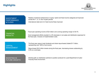 Highlights
4
INVESTMENT
PERFORMANCE
& FLOWS
FINANCIAL
RESULTS
CAPITAL
MANAGEMENT
INVESTING IN
FUTURE GROWTH
Working with our distribution partners to position products for a post Department of Labor
Fiduciary Rule environment
The fiscal year payout (cash dividends and share repurchases) totaled $1.7 billion,
representing over 100% of net income
Repurchased 36.6 million shares during the fiscal year, decreasing shares outstanding by
5.5% on a net basis
Fiscal year operating income of $2.4 billion and a strong operating margin of 35.7%
Cost management efforts resulted in a 5% decrease in non-sales and distribution expenses for
the fiscal year, inclusive of implementation costs
Relative investment performance in equity, hybrid and fixed income categories all improved
across the 1-, 3-, 5- and 10-year periods
International retail and U.S. fixed income flows improved
 