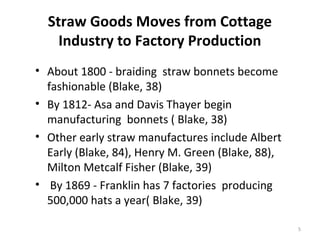 Straw Goods Moves from Cottage
    Industry to Factory Production
• About 1800 - braiding straw bonnets become
  fashionab...
