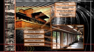 CHIMENEAS
ALEROS LARGOS, CON SUAVE
PENDIENTE
ESTRUCTURA DE SOPORTE
PARA LOS ALEROS
ESPACIOS LUMINOSOS
MATERIAL: MADERA
VENTANAS CON DISEÑOS
GEOMETRICOS
MATERIAL: LADRILLO
CARAVISTA
VENTANA LISTON
 