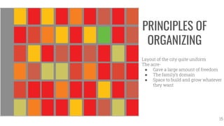 Layout of the city quite uniform
The acre-
● Gave a large amount of freedom
● The family’s domain
● Space to build and grow whatever
they want
PRINCIPLES OF
ORGANIZING
15
 