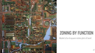 Model of a 4 square miles plot of land
ZONING BY FUNCTION
17
 