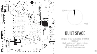 BUILT SPACE
In spite of the individual-oriented
ideology
Built up in a very strict system
Big and small houses
All North-South oriented
22
 
