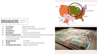 BROADACRE CITY
3
● Location :Midwest USA
● Year(s) :1932-1935 [Status: Unbuilt]
● Footprint :4 mi²
● Designer :Frank Lloyd Wright
● Key Components :1 acre devoted per family, suburban
sprawl,minimal apartment living, local
commercialism
● Program(s) :Private
● Title :Local / public amenities
● Funding Streams :Edgar Kauffman
 