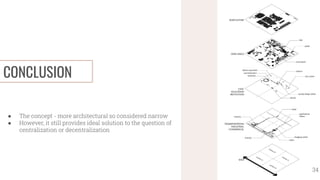 CONCLUSION
● The concept - more architectural so considered narrow
● However, it still provides ideal solution to the question of
centralization or decentralization
34
 
