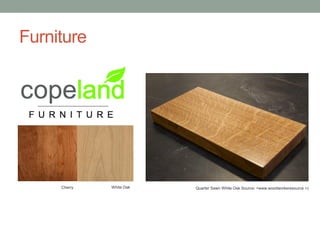 Furniture

Cherry

White Oak

Quarter Sawn White Oak Source: <www.woodworkerssource >)

 