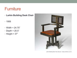 Furniture
• Larkin Building Desk Chair
• 1906

• Width = 24.75”
• Depth = 20.5”
• Height = 37”

Larkin Building Desk Chair (Source: <www.architonic.com>)

 