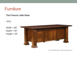 Furniture
• The Francis Little Desk
• 1912

• Width = 80”
• Depth = 40”
• Height = 30”

Francis Little Desk (Source: <www.homeportfolio.com>)

 