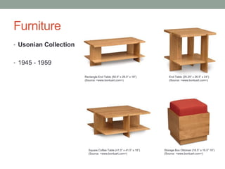 Furniture
• Usonian Collection
• 1945 - 1959
Rectangle End Table (50.5” x 26.5” x 18”)
(Source: <www.bonluart.com>)

Square Coffee Table (41.5” x 41.5” x 18”)
(Source: <www.bonluart.com>)

End Table (25.25” x 26.5” x 24”)
(Source: <www.bonluart.com>)

Storage Box Ottoman (16.5” x 16.5” 19”)
(Source: <www.bonluart.com>)

 