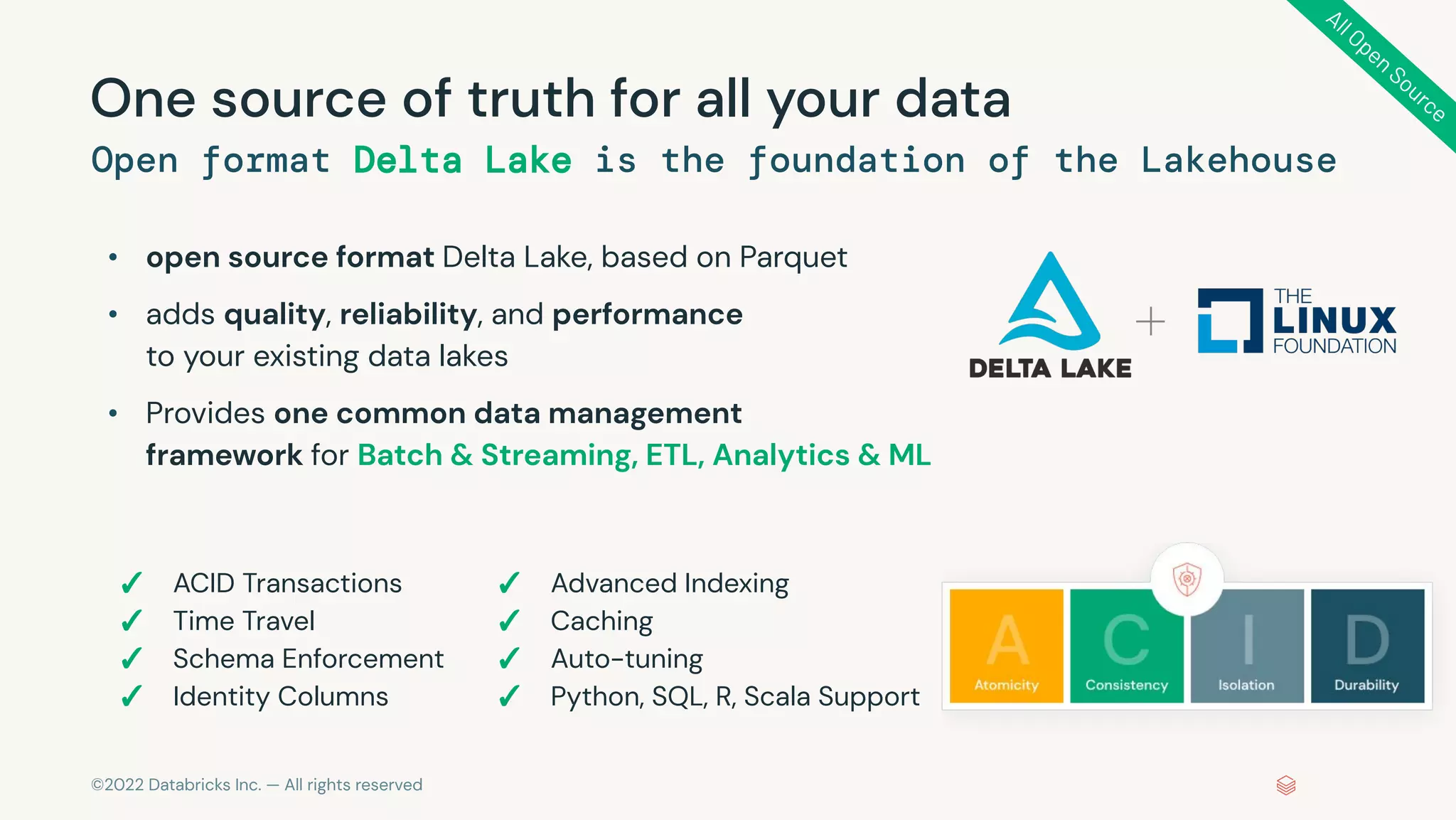 ©2022 Databricks Inc. — All rights reserved
One source of truth for all your data
Open format Delta Lake is the foundation of the Lakehouse
• open source format Delta Lake, based on Parquet
• adds quality, reliability, and performance
to your existing data lakes
• Provides one common data management
framework for Batch & Streaming, ETL, Analytics & ML
✓ ACID Transactions
✓ Time Travel
✓ Schema Enforcement
✓ Identity Columns
✓ Advanced Indexing
✓ Caching
✓ Auto-tuning
✓ Python, SQL, R, Scala Support
AllOpenSource
 