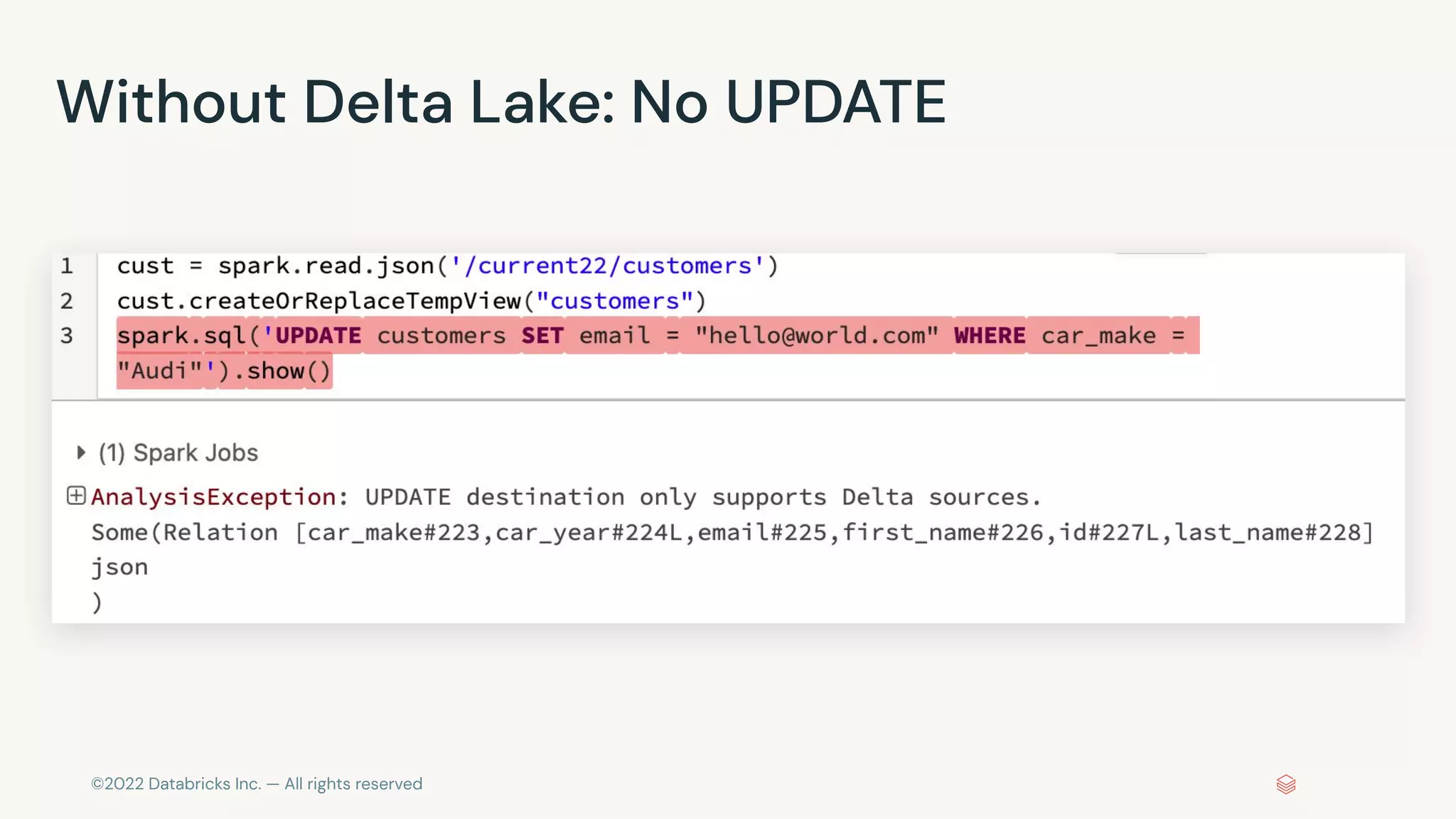 ©2022 Databricks Inc. — All rights reserved
Without Delta Lake: No UPDATE
 