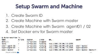 Setup Swarm and Machine
1. Create Swarm ID
2. Create Machine with Swarm master
3. Create Machine with Swarm agent01 / 02
4...