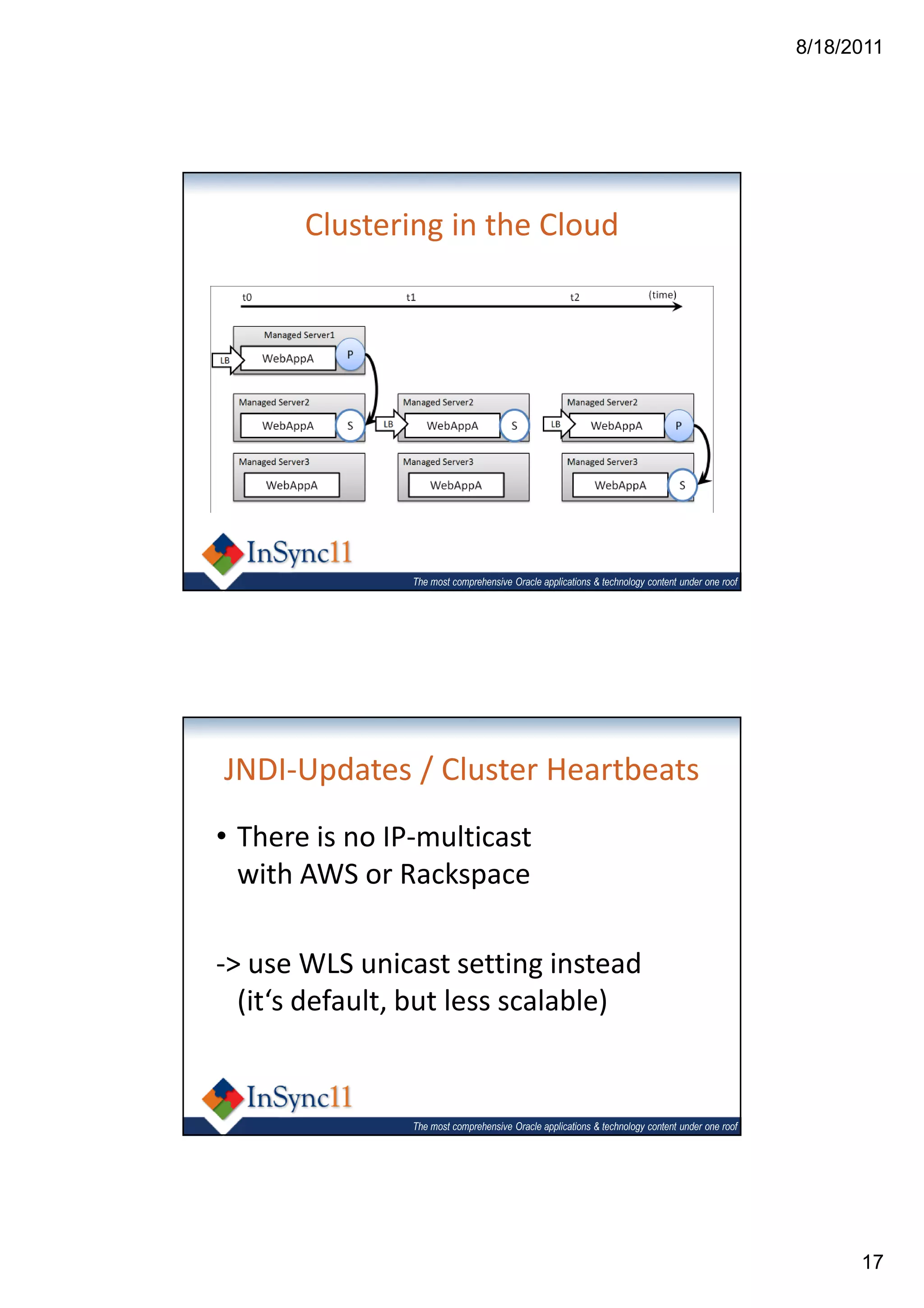 8/18/2011




       Clustering in the Cloud




                The most comprehensive Oracle applications & technology content under one roof




JNDI-Updates / Cluster Heartbeats
• There is no IP-multicast
  with AWS or Rackspace

-> use WLS unicast setting instead
  (it‘s default, but less scalable)


                The most comprehensive Oracle applications & technology content under one roof




                                                                                                       17
 
