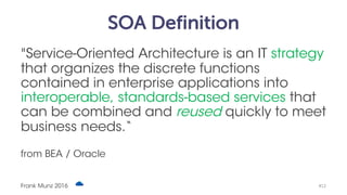 SOA Definition
"Service-Oriented Architecture is an IT strategy
that organizes the discrete functions contained in
enterprise applications into interoperable,
standards-based services that can be combined
and reused quickly to meet business needs.“
from BEA / Oracle
Frank Munz 2016 #12
 