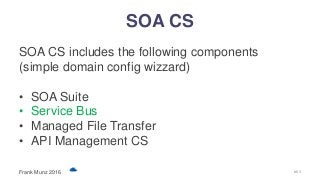 SOA CS
SOA CS includes the following components
(simple domain config wizzard)
• SOA Suite
• Service Bus
• Managed File Transfer
• API Management CS
Frank Munz 2016 #63
 